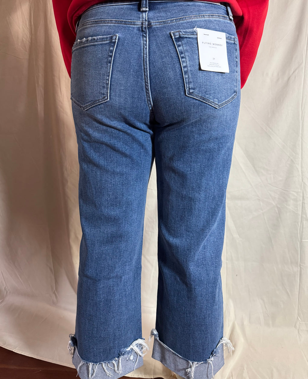 Flying Monkey Mid Rise Raw Cuffed Hem Slim Wide Jeans