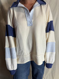 Blue and White French Terry Knit Color Block Collared Loose Fit Top