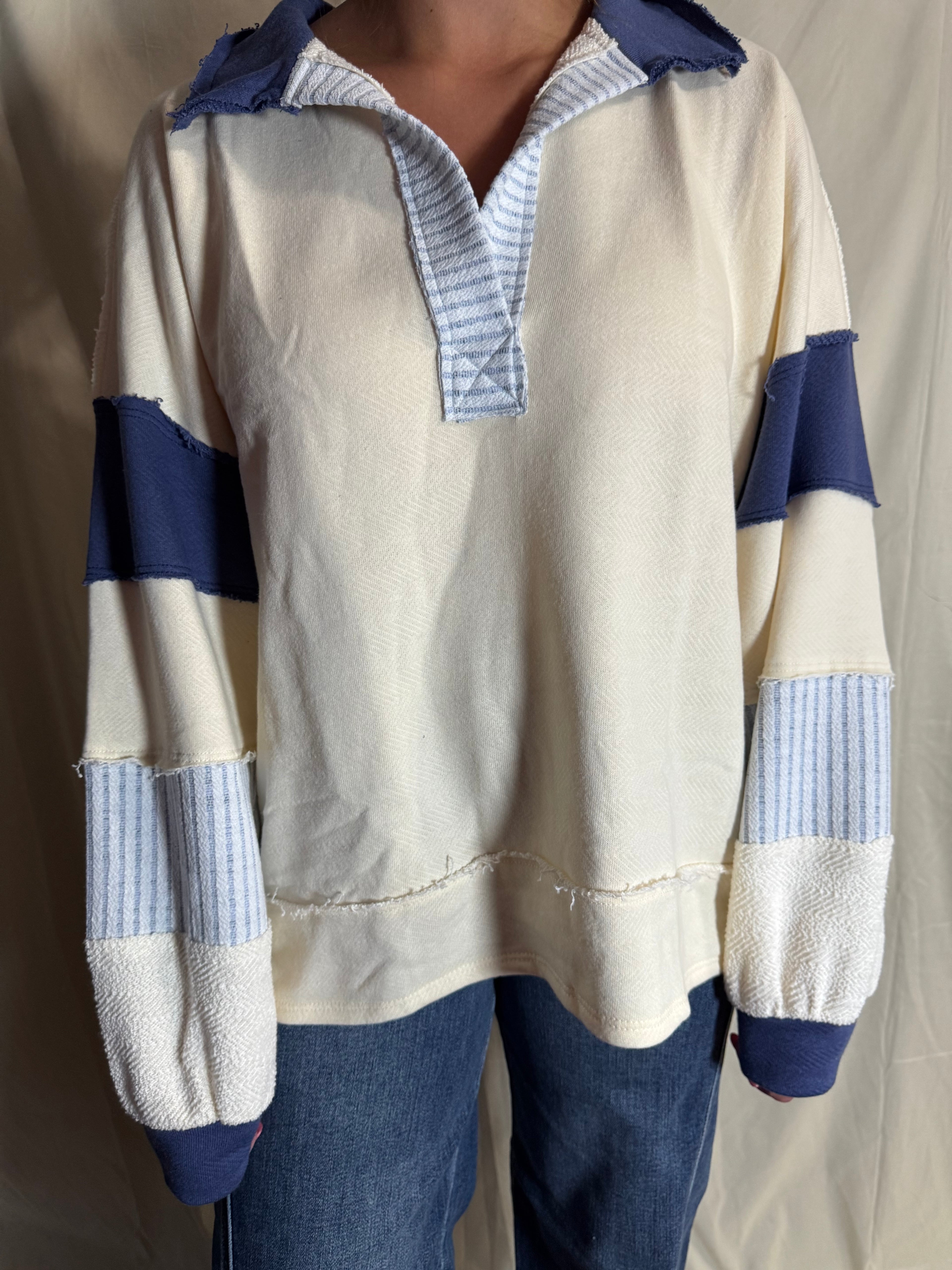 Blue and White French Terry Knit Color Block Collared Loose Fit Top