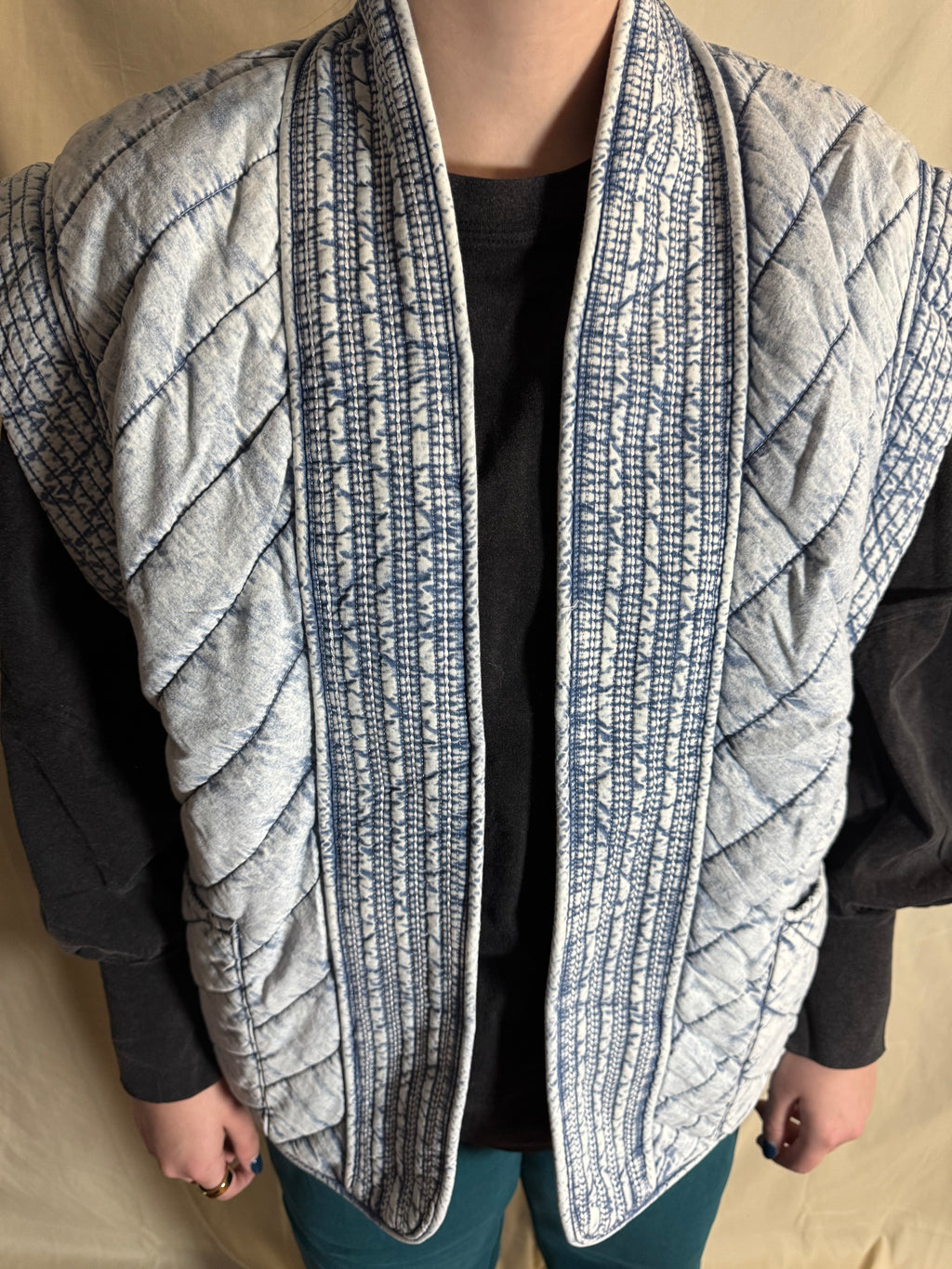 Washed Denim Quilted Shawl Vest