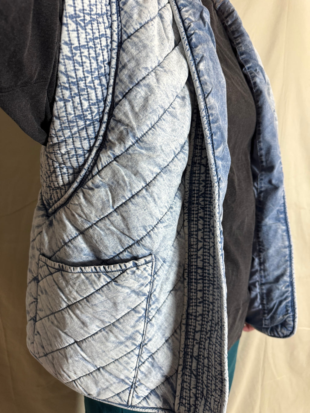 Washed Denim Quilted Shawl Vest