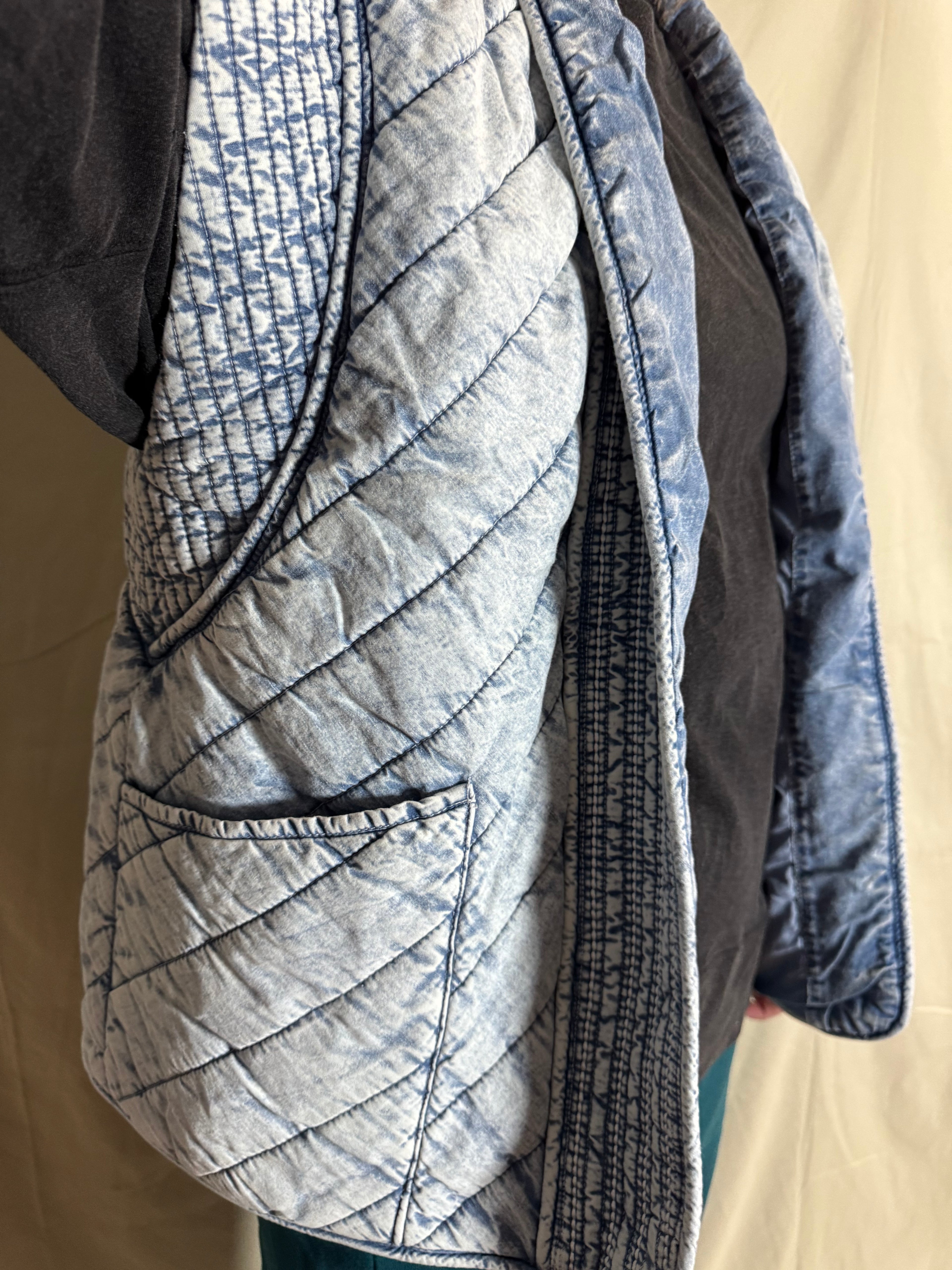 Washed Denim Quilted Shawl Vest