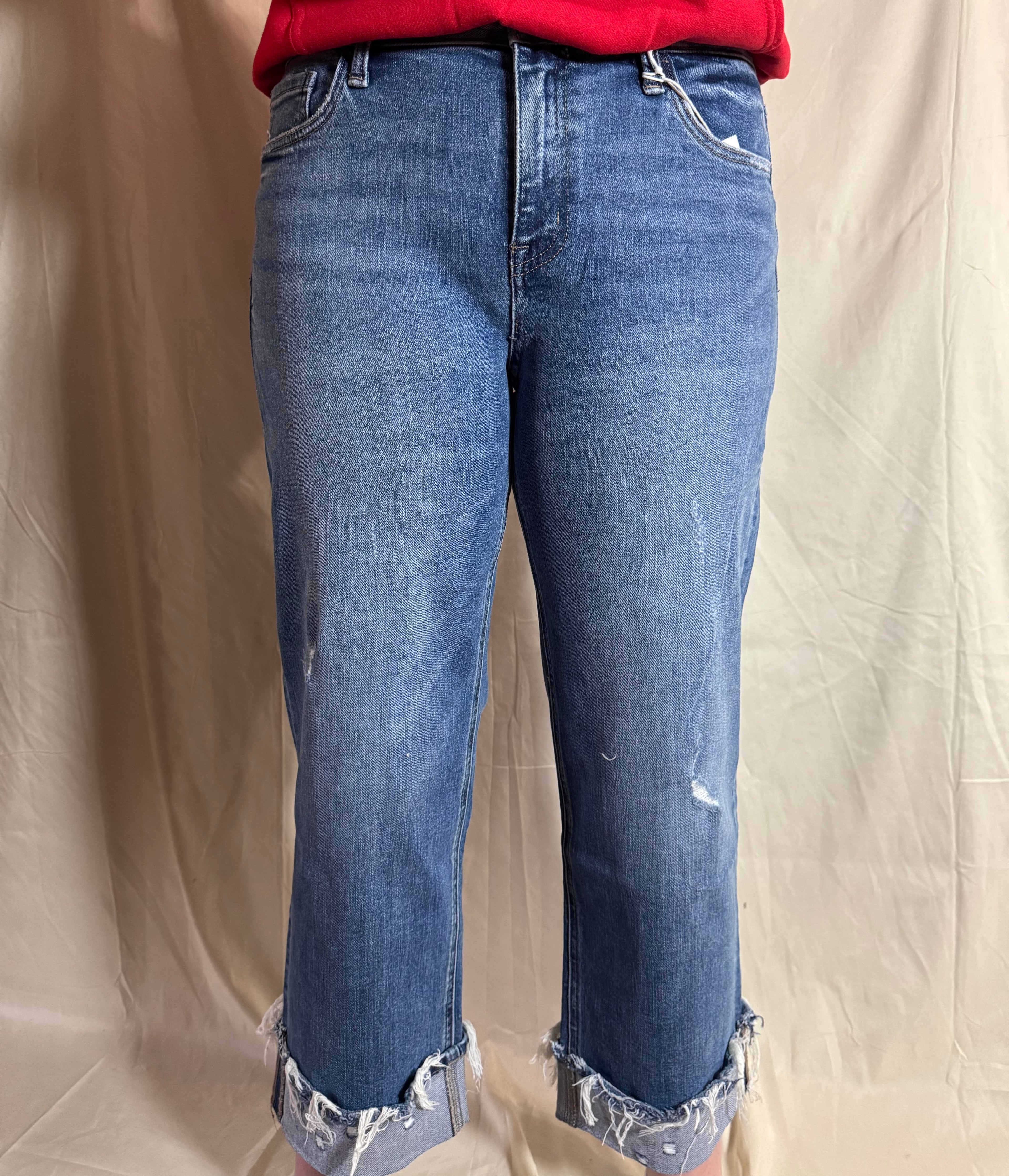 Flying Monkey Mid Rise Raw Cuffed Hem Slim Wide Jeans