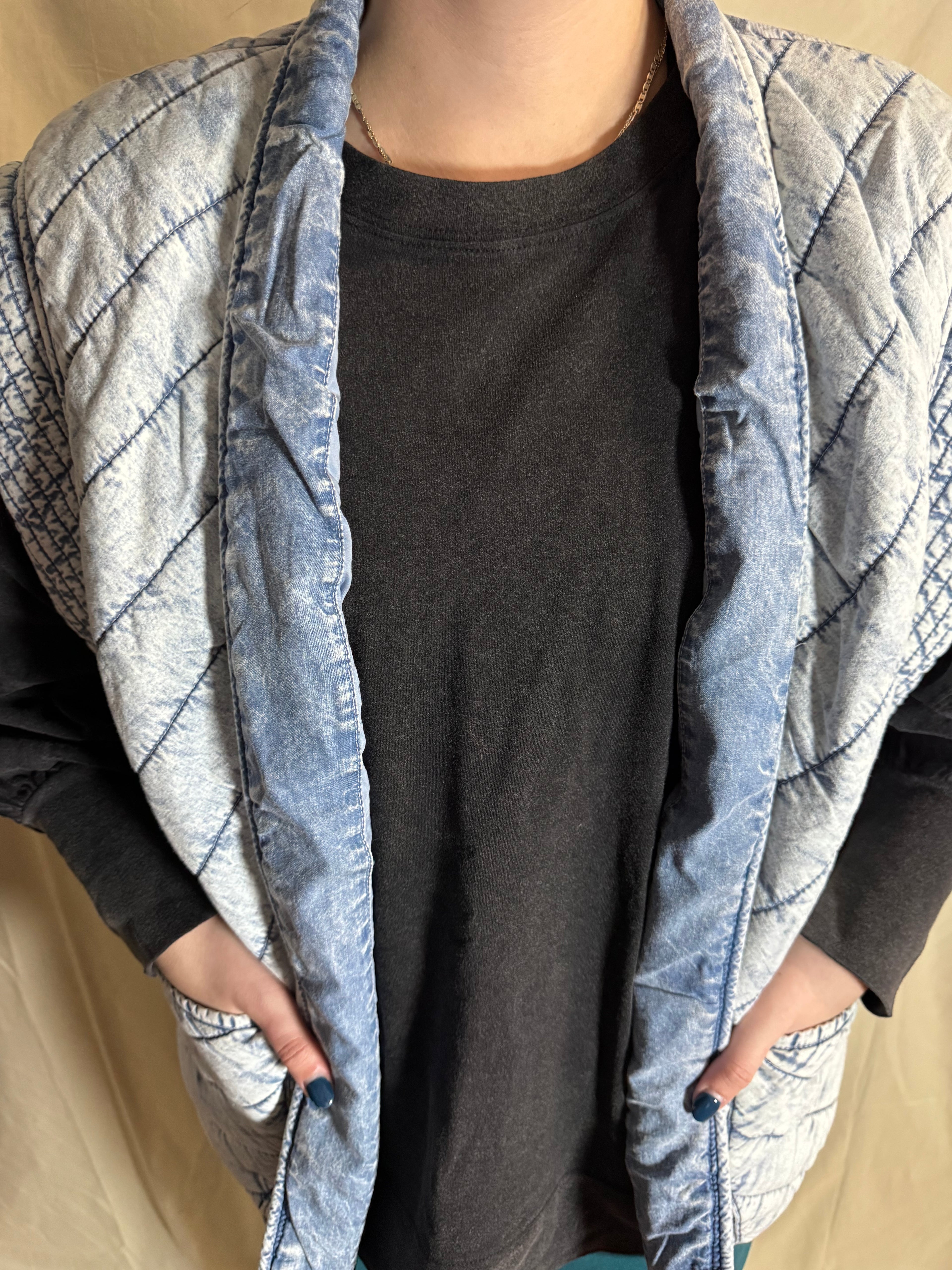 Washed Denim Quilted Shawl Vest