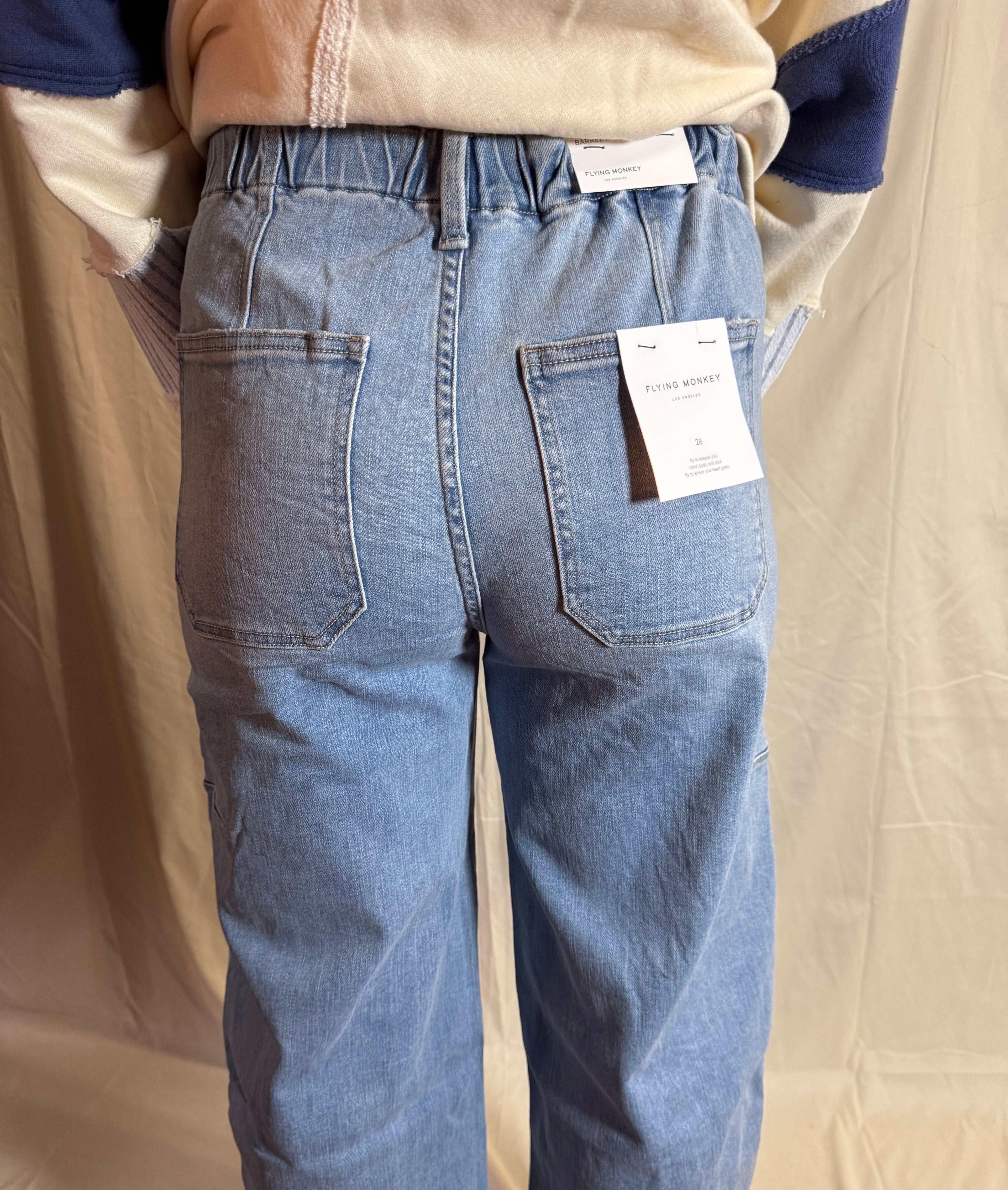 Flying Monkey Super High Rise Elastic Band Barrel Jeans
