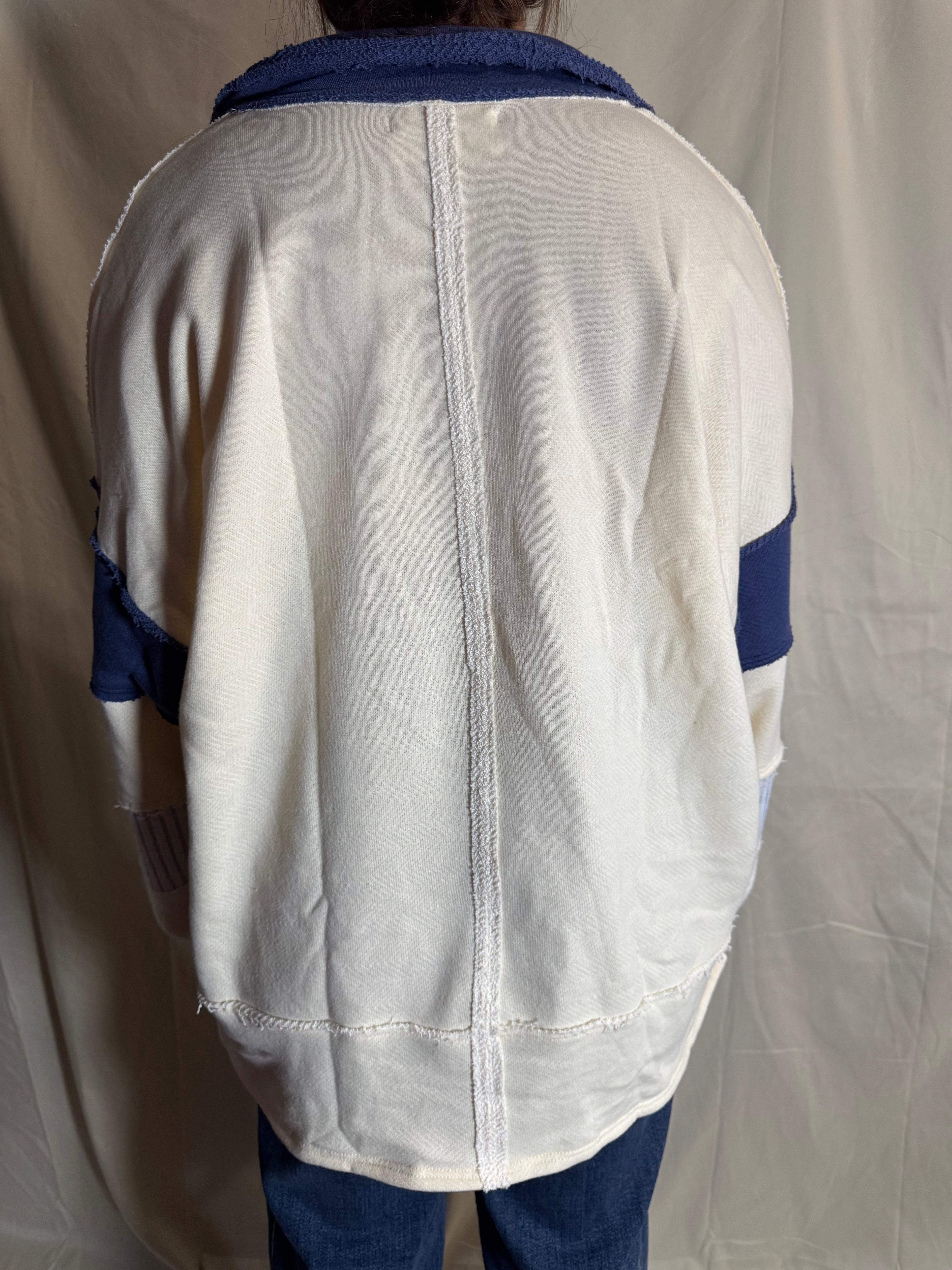 Blue and White French Terry Knit Color Block Collared Loose Fit Top