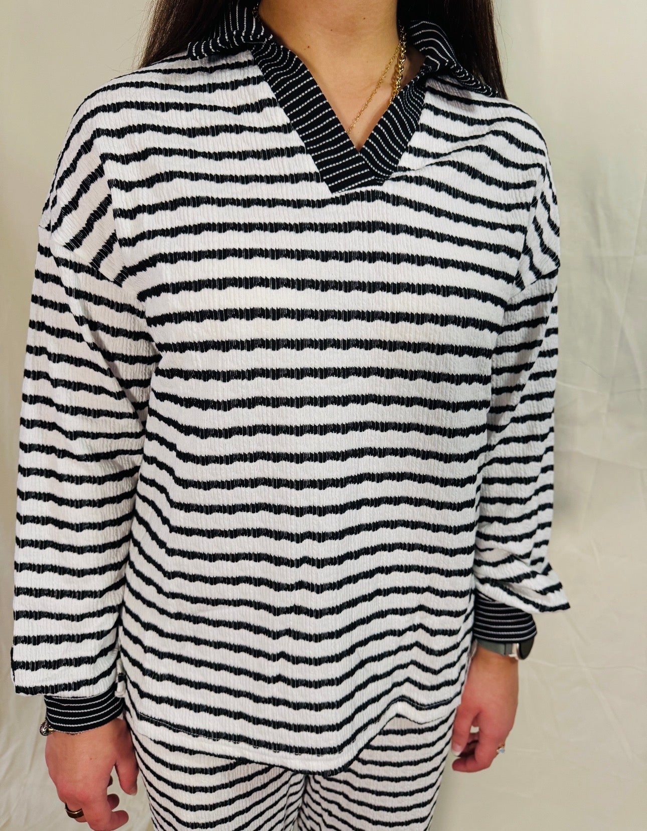 Black and White Striped Collared Pullover Top