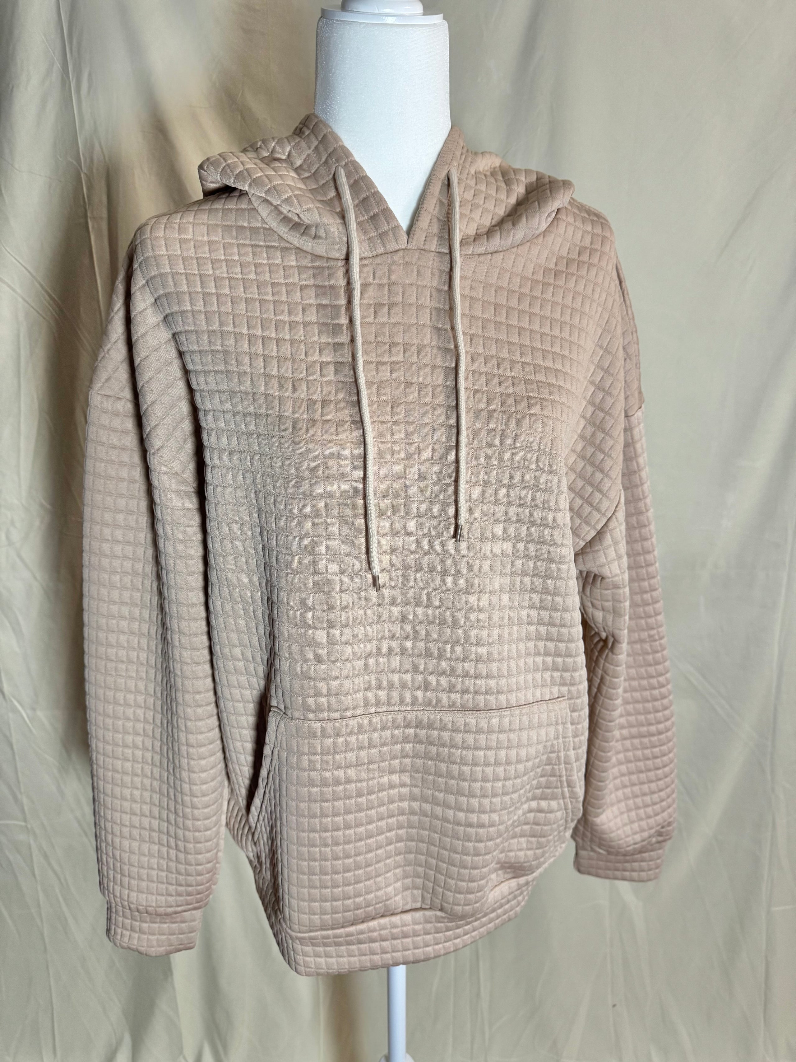 Khaki Waffle Knit Hoodie- over sized Pullover With Kangaroo Pocket