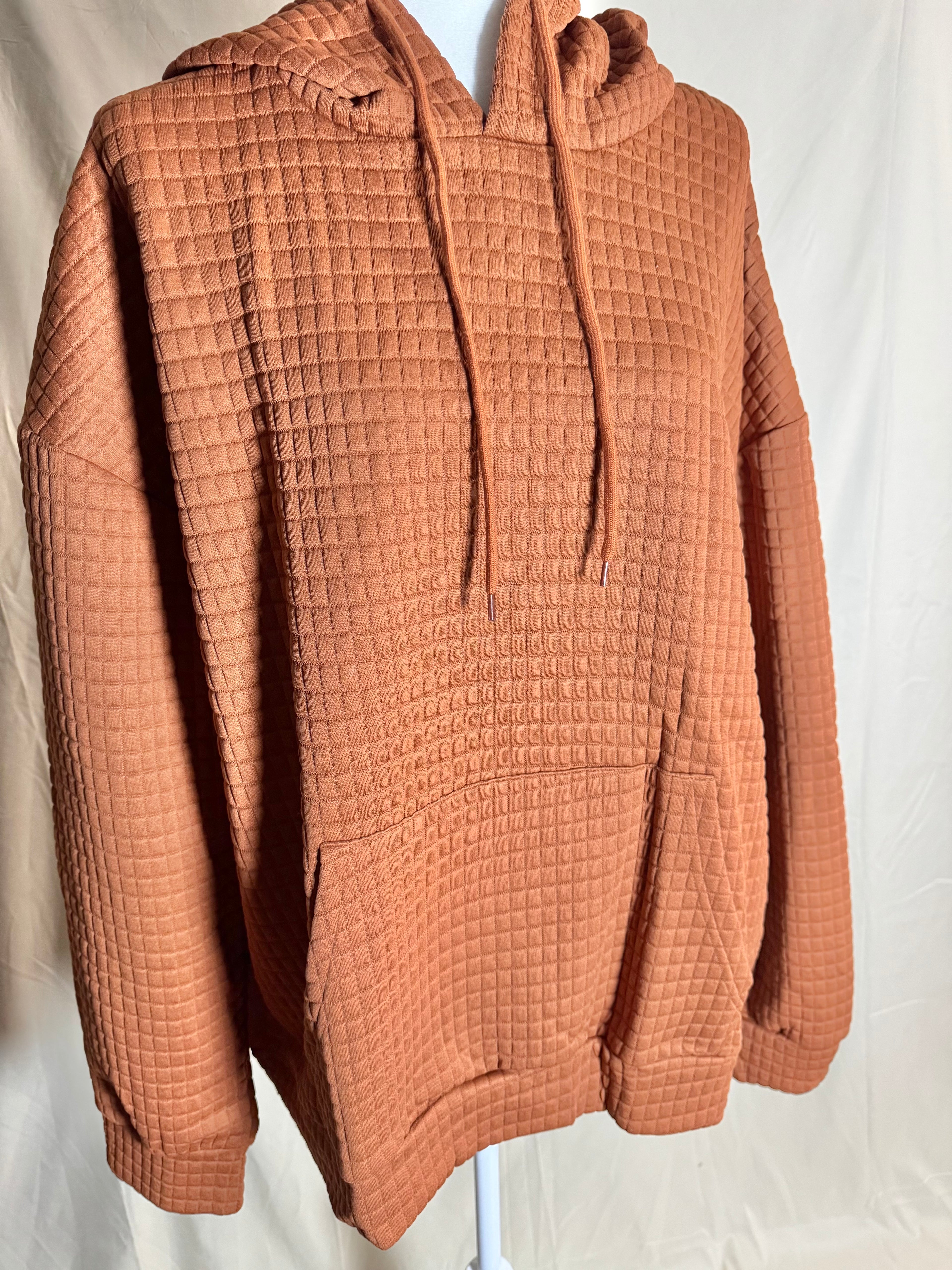 Brown Waffle Knit Hoodie - Oversized Pullover with Kangaroo Pocket