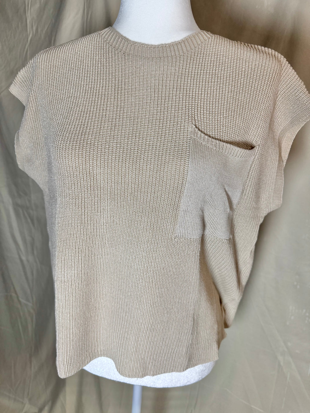 Carmel Crewneck Pocket Trim Top Sleeved Sweater