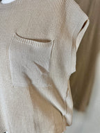 Carmel Crewneck Pocket Trim Top Sleeved Sweater