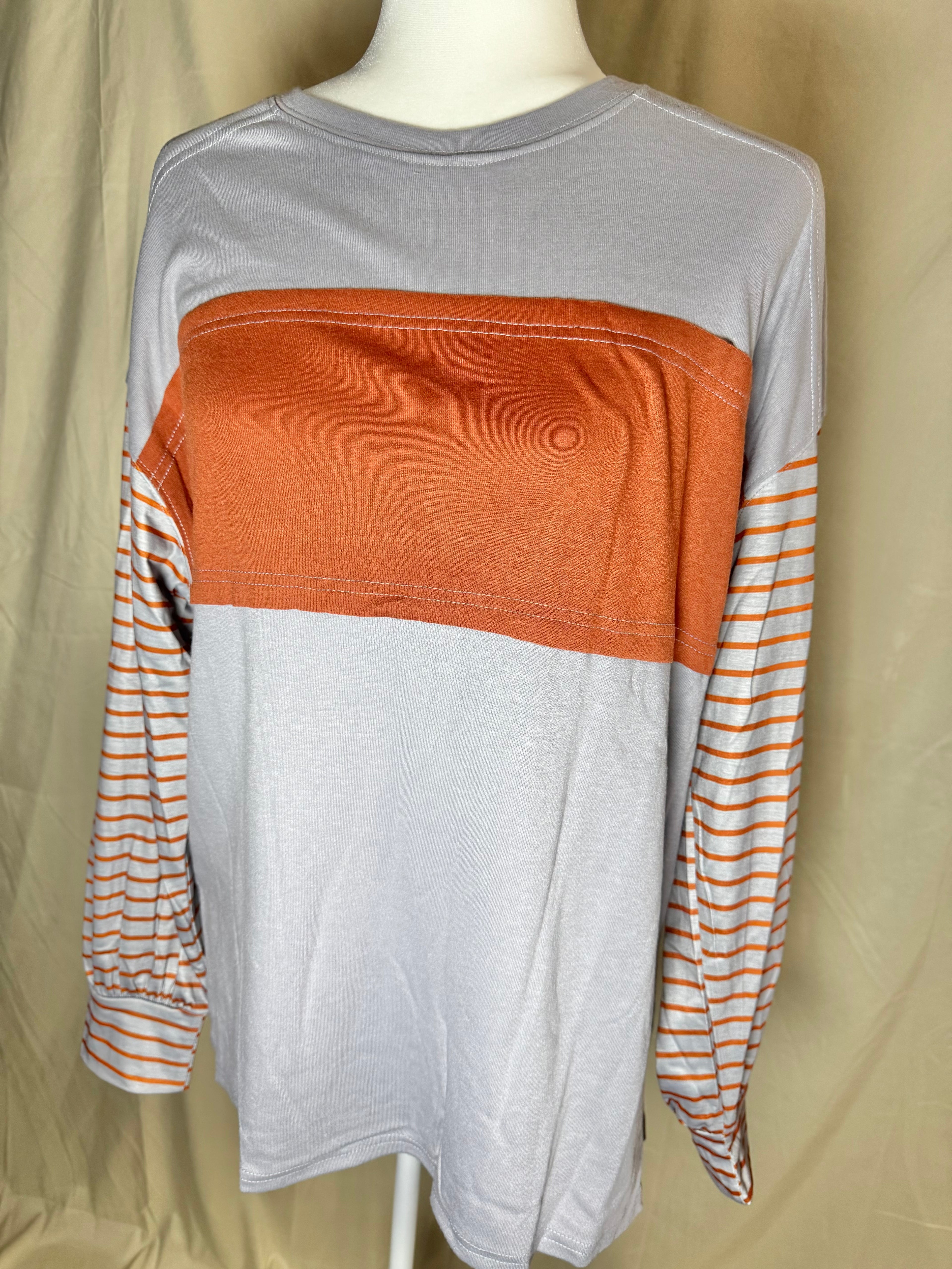 Grey Multicolor Clashing Stripe Bishop Sleeve Top