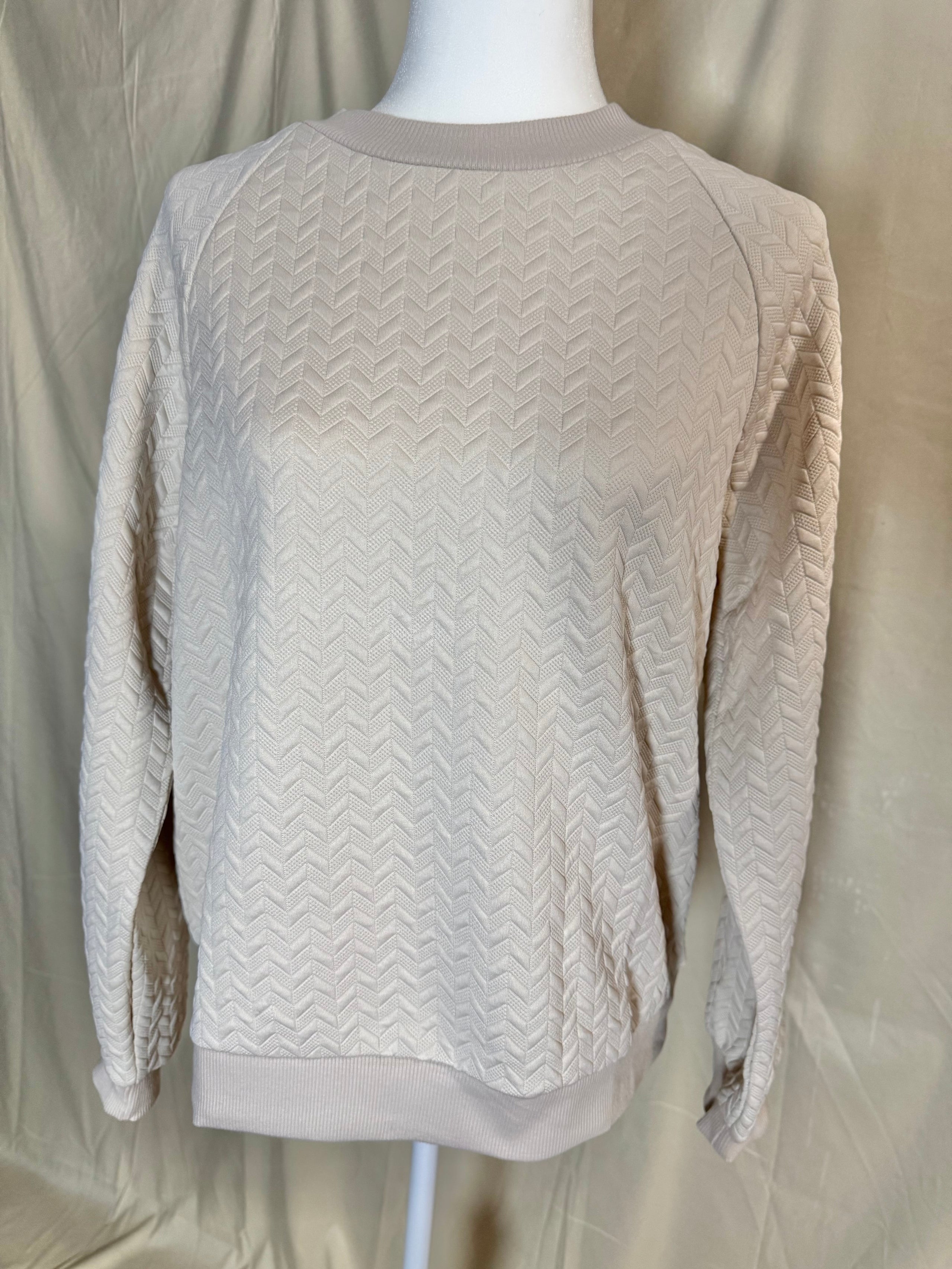 Beige Solid Texture Raglan Sleeve Pullover Sweatshirt