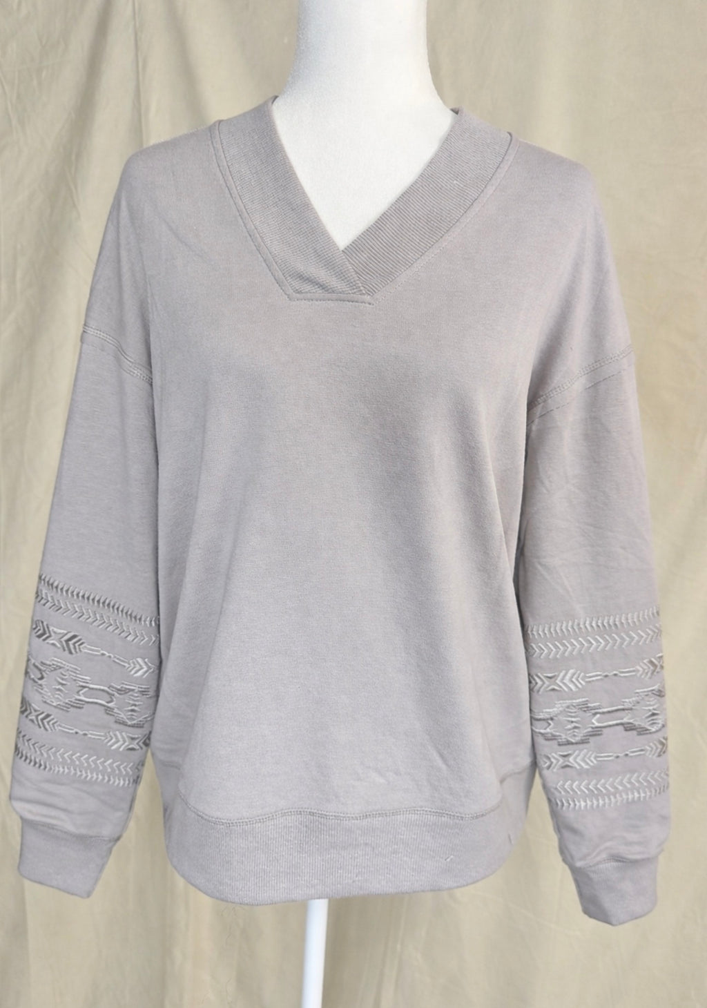 Parchment Aztec Embroidered Western V Neck Sweatshirt