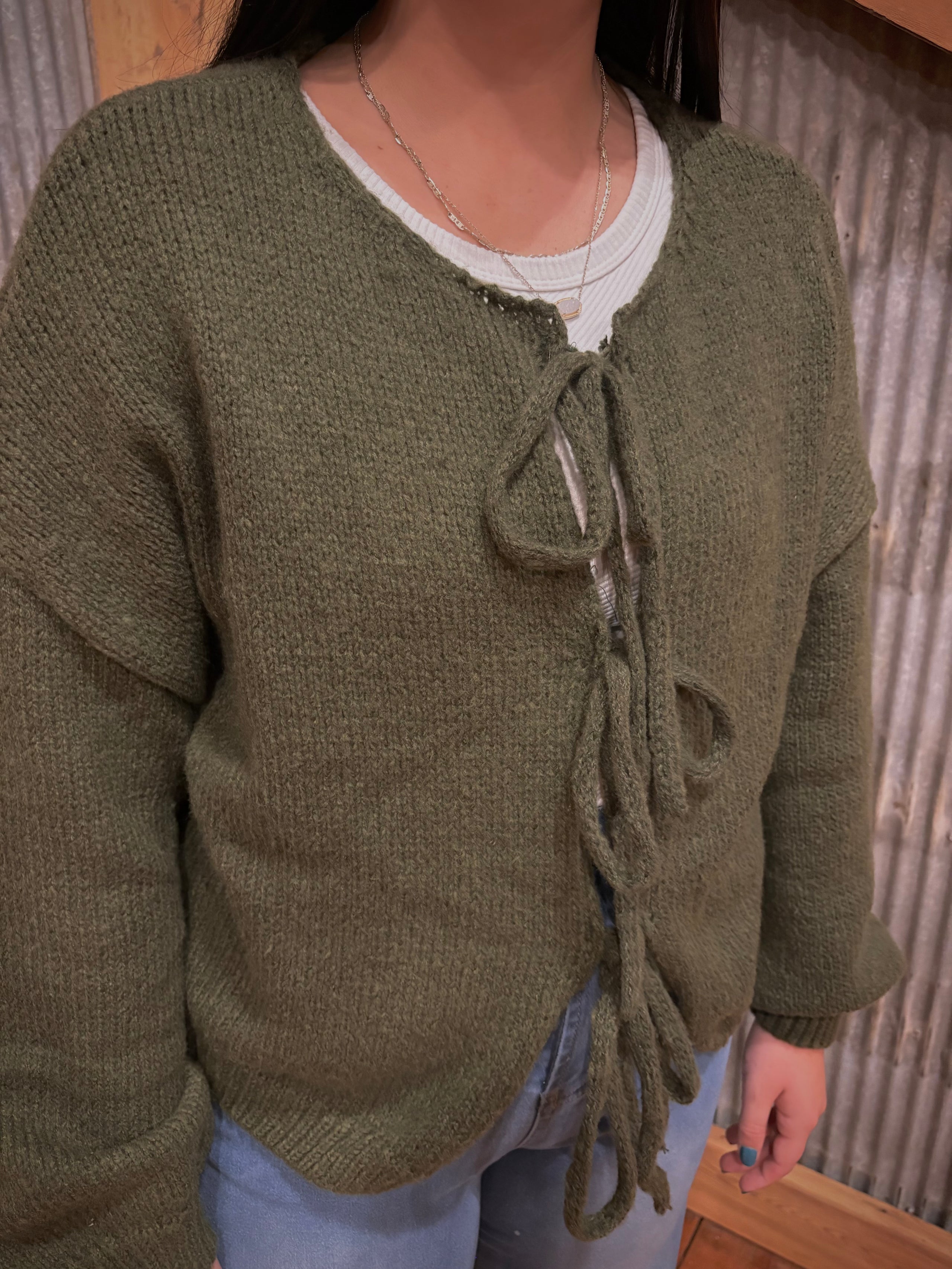 Green Bow Lace Up Sweater