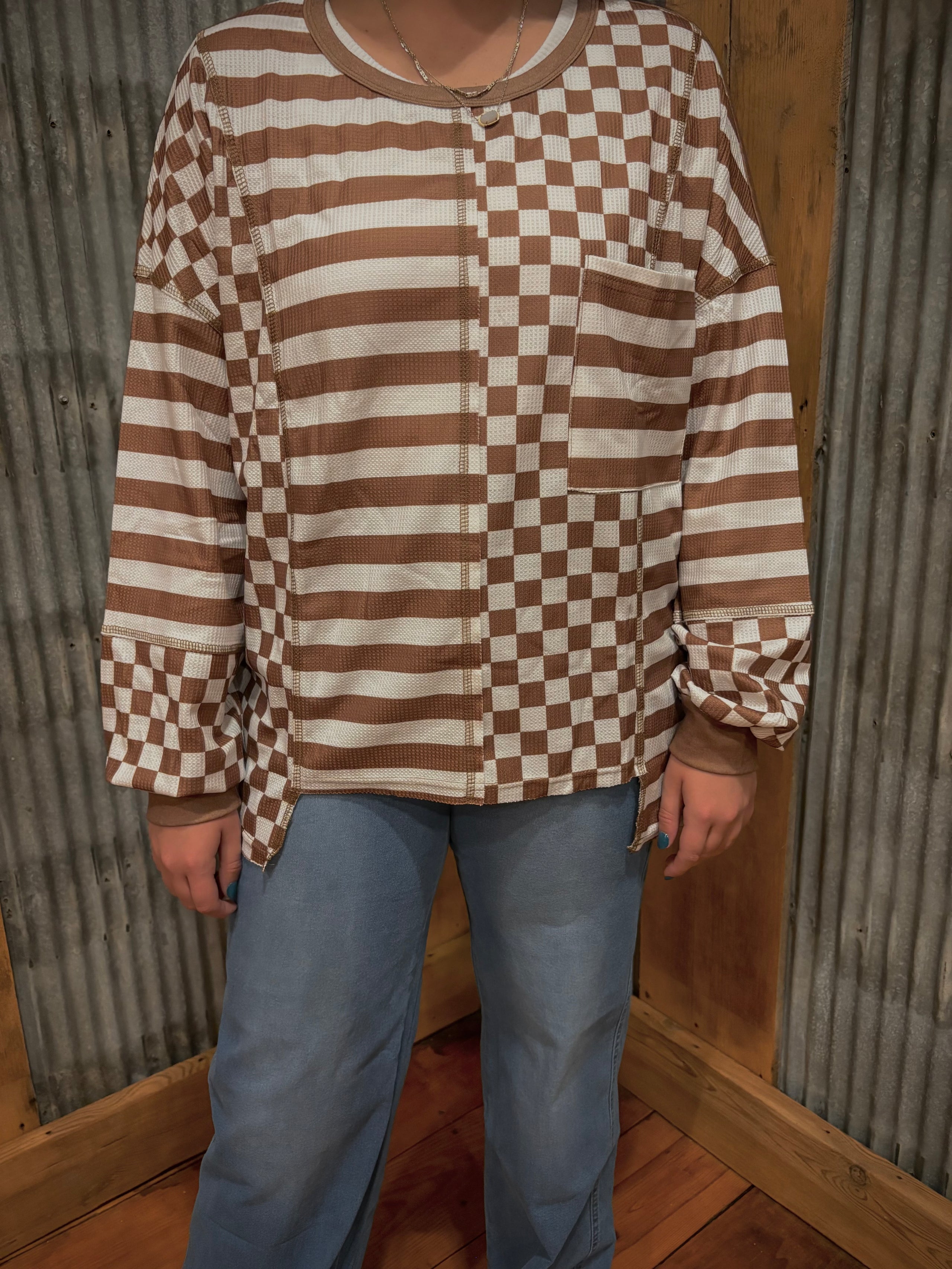 Checkered Striped Patchwork Long Sleeve