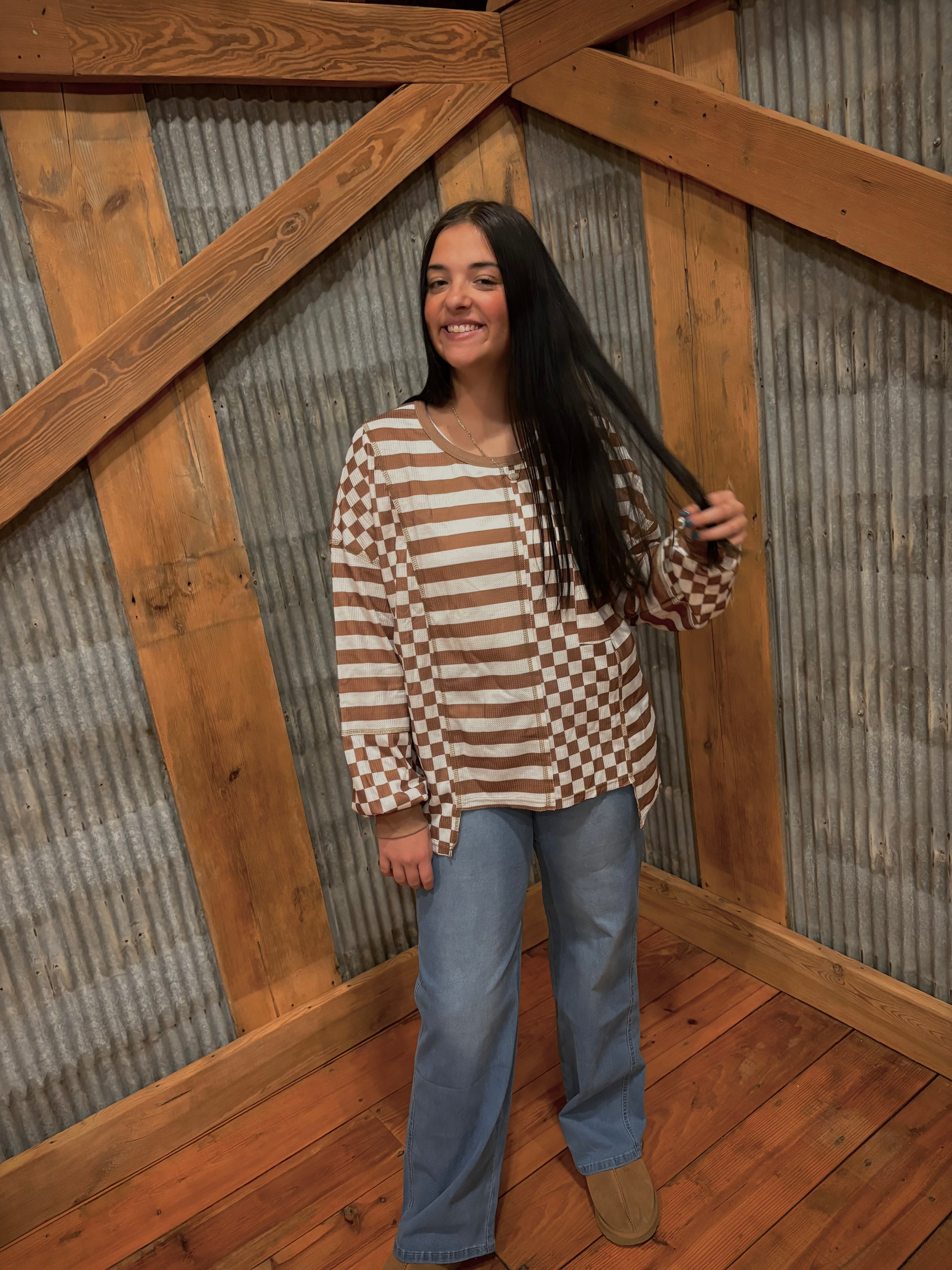 Checkered Striped Patchwork Long Sleeve