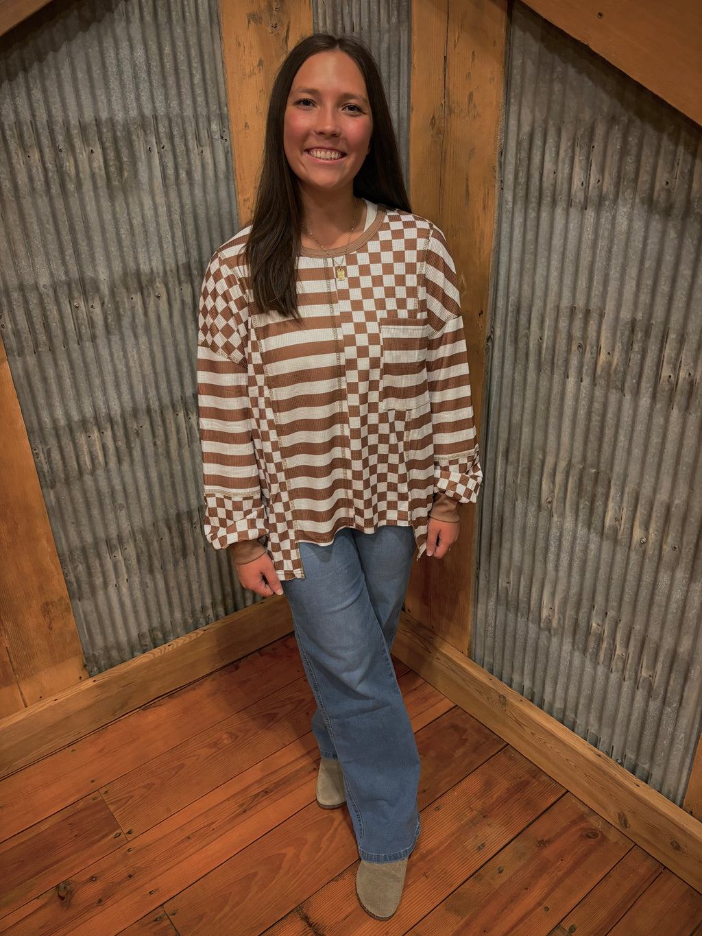 Checkered Striped Patchwork Long Sleeve