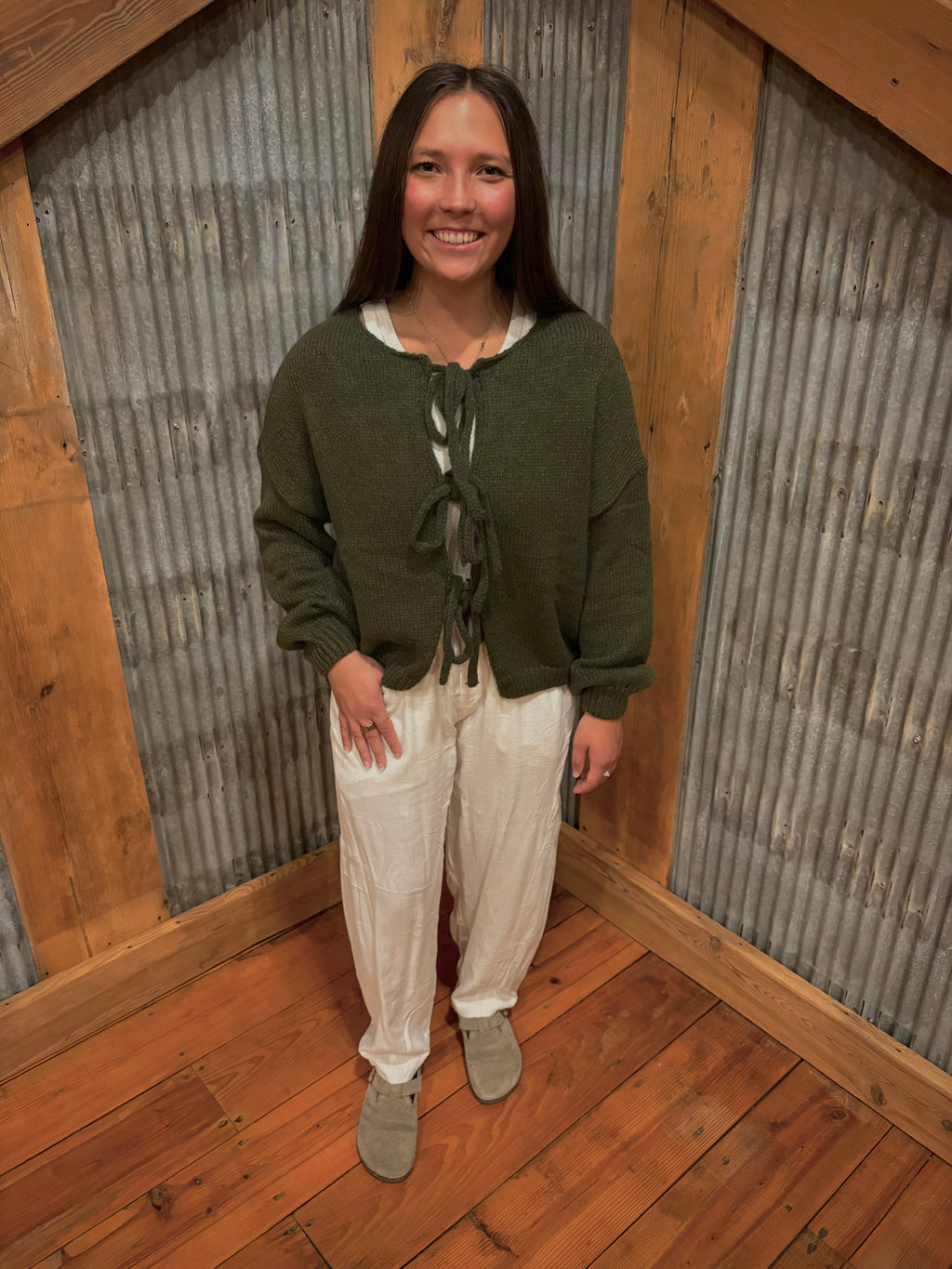 Green Bow Lace Up Sweater